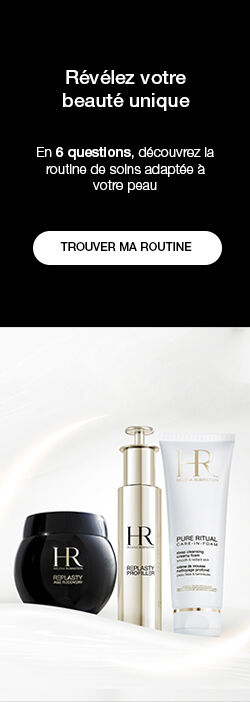 Produits de soin de la peau de la marque HR, avec un appel a decouvrir une routine adaptee en 6 questions.