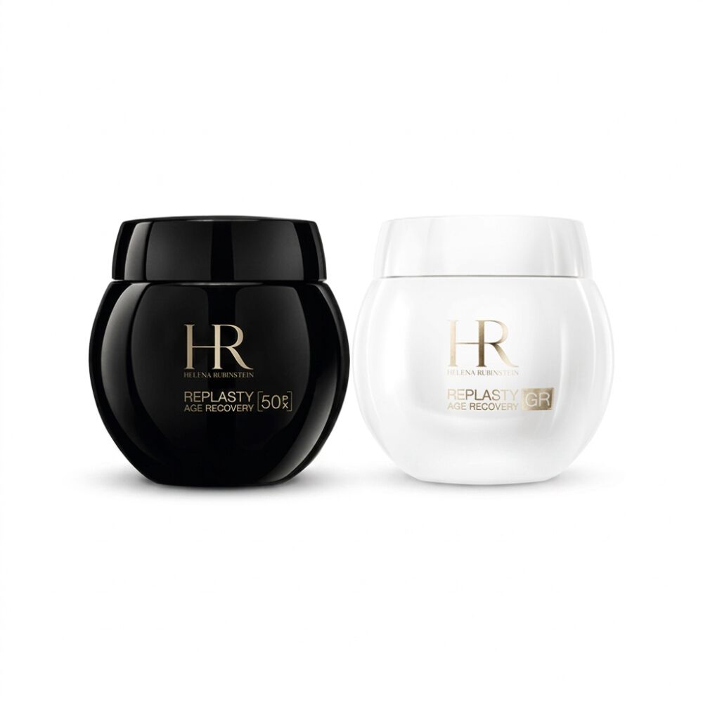 Two luxury cosmetic jars from the Helena Rubinstein Re-Plasty Age Recovery line, displayed side-by-side against a plain white background.