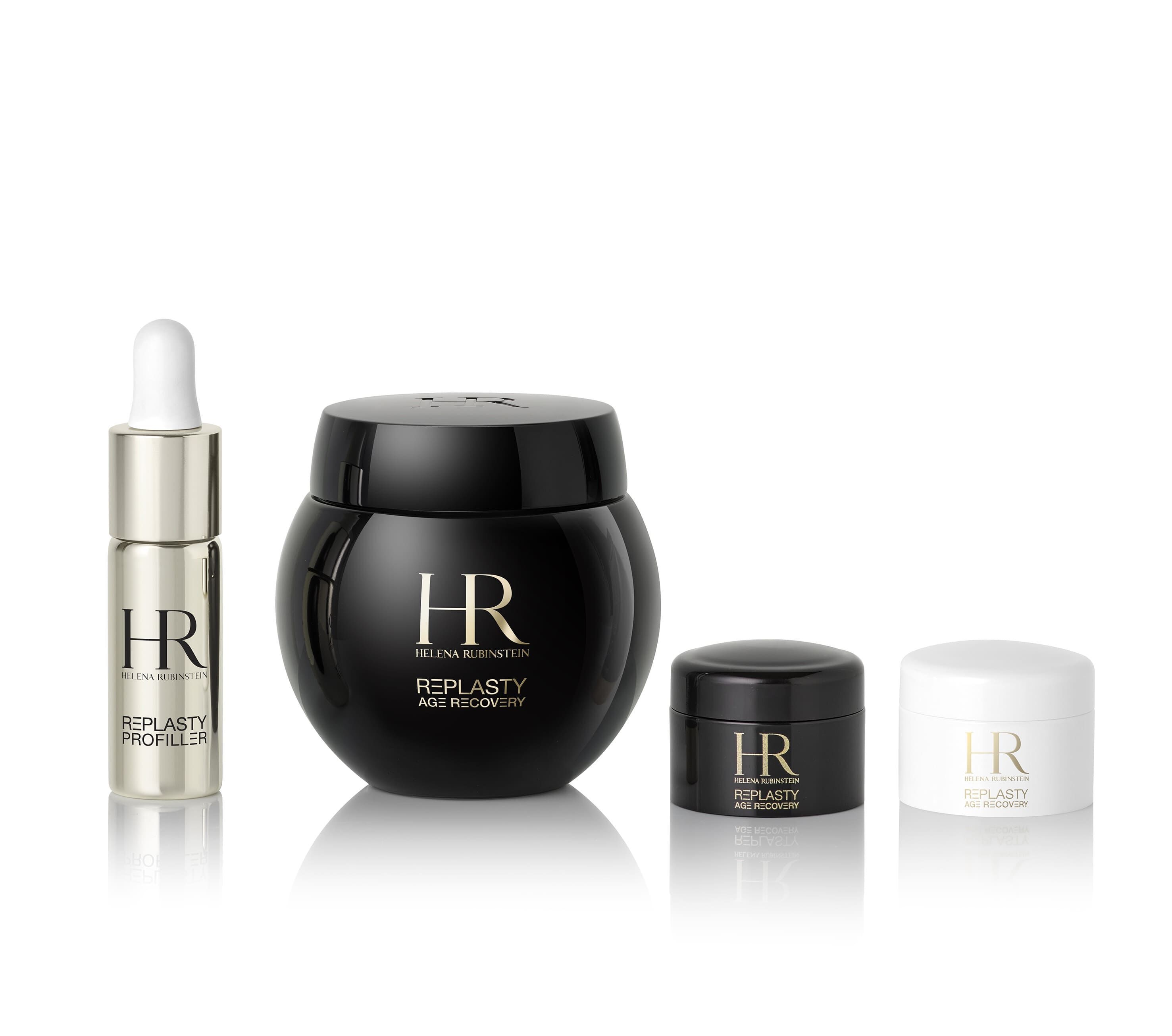 Quatre produits Helena Rubinstein "Re-Plasty Age Recovery" : une pipette, un grand pot noir, un petit pot noir et un petit pot blanc. Elegante presentation sur fond blanc reflechissant.